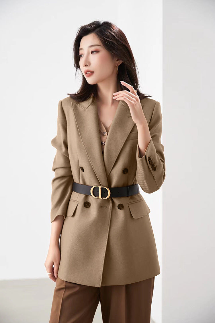 High-end Suit Jacket Women Autumn 100% Wool Horn Buckle White Small Suit 2024 Winter Black Double-Breasted Slim Commuter Classic