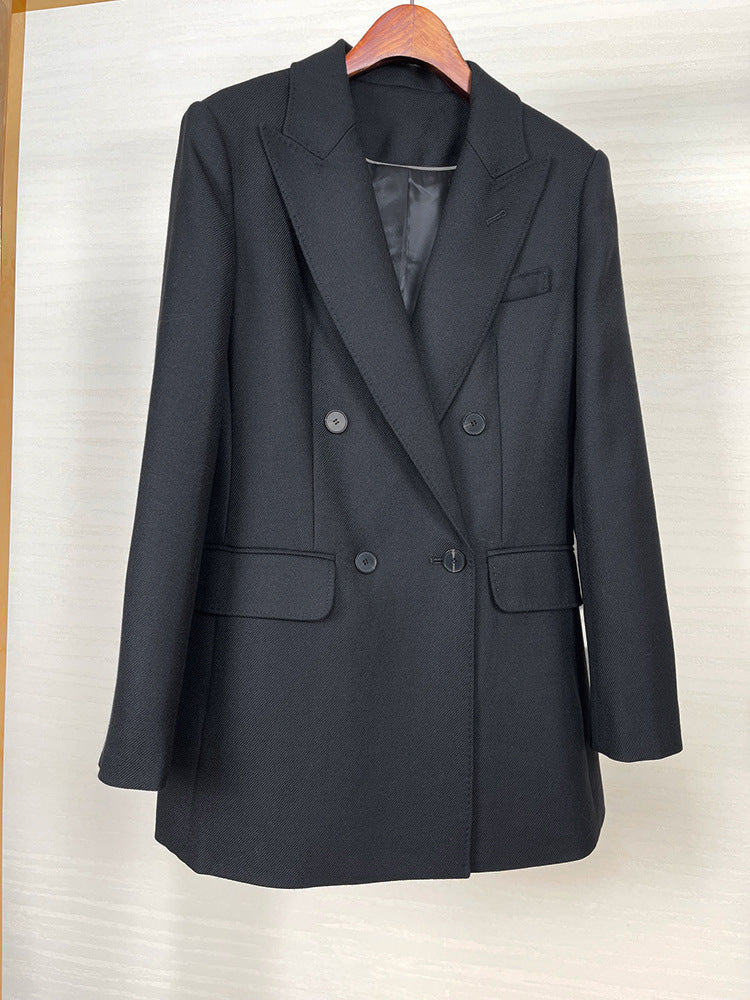 High-end Suit Jacket Women Autumn 100% Wool Horn Buckle White Small Suit 2024 Winter Black Double-Breasted Slim Commuter Classic