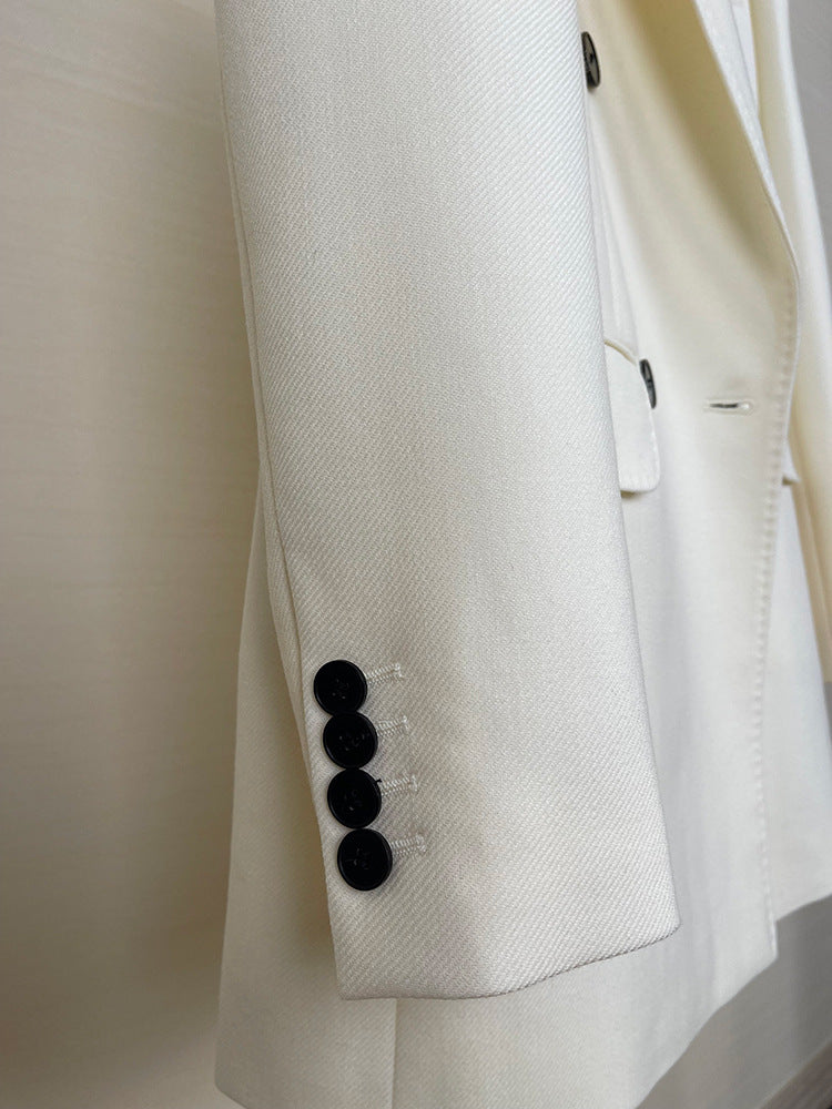 High-end Suit Jacket Women Autumn 100% Wool Horn Buckle White Small Suit 2024 Winter Black Double-Breasted Slim Commuter Classic