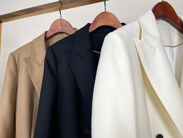 High-end Suit Jacket Women Autumn 100% Wool Horn Buckle White Small Suit 2024 Winter Black Double-Breasted Slim Commuter Classic