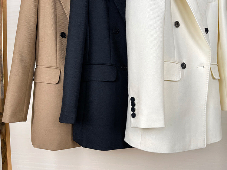 High-end Suit Jacket Women Autumn 100% Wool Horn Buckle White Small Suit 2024 Winter Black Double-Breasted Slim Commuter Classic
