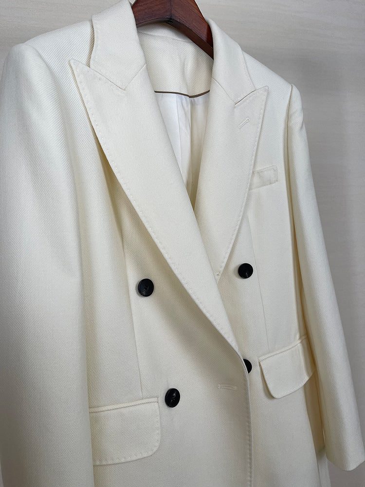 High-end Suit Jacket Women Autumn 100% Wool Horn Buckle White Small Suit 2024 Winter Black Double-Breasted Slim Commuter Classic