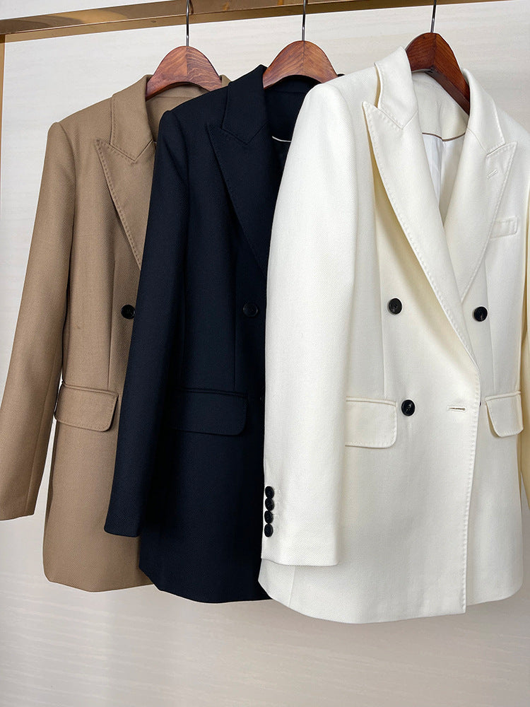 High-end Suit Jacket Women Autumn 100% Wool Horn Buckle White Small Suit 2024 Winter Black Double-Breasted Slim Commuter Classic