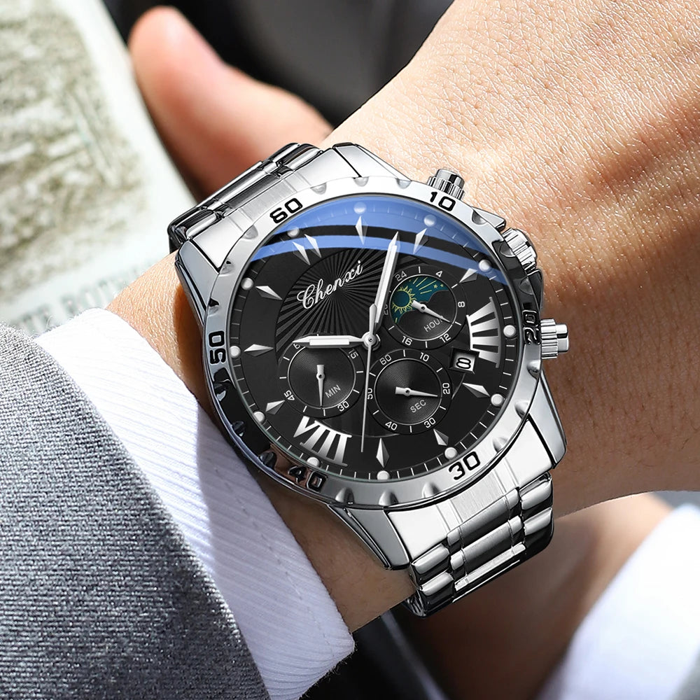 Multi-Function Chronograph Watch - Luminous Waterproof Steel Strap Quartz