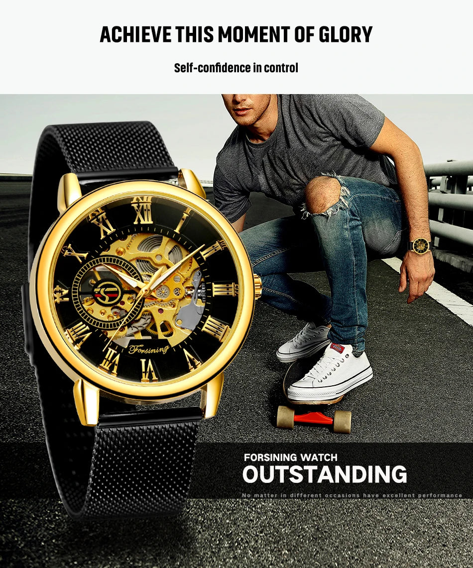 Classic Skeleton Mechanical Watch - Engraved Case with Mesh Strap & Roman Numerals