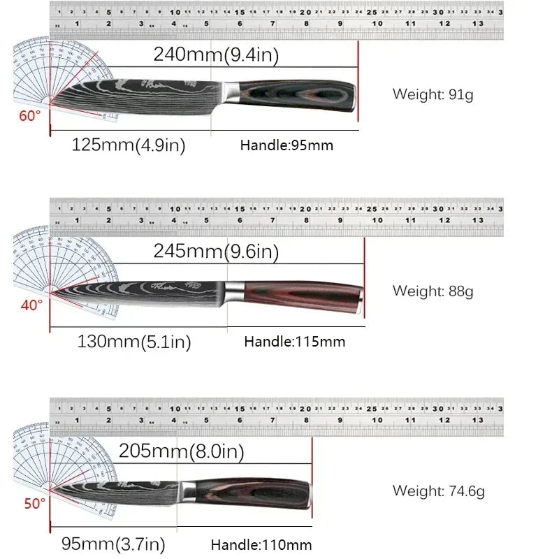 3PCS Kitchen Knife Set Laser Damascus Santoku Knife Utility Knife Professional Chef Knife Meat Cleaver Kitchen Accessories