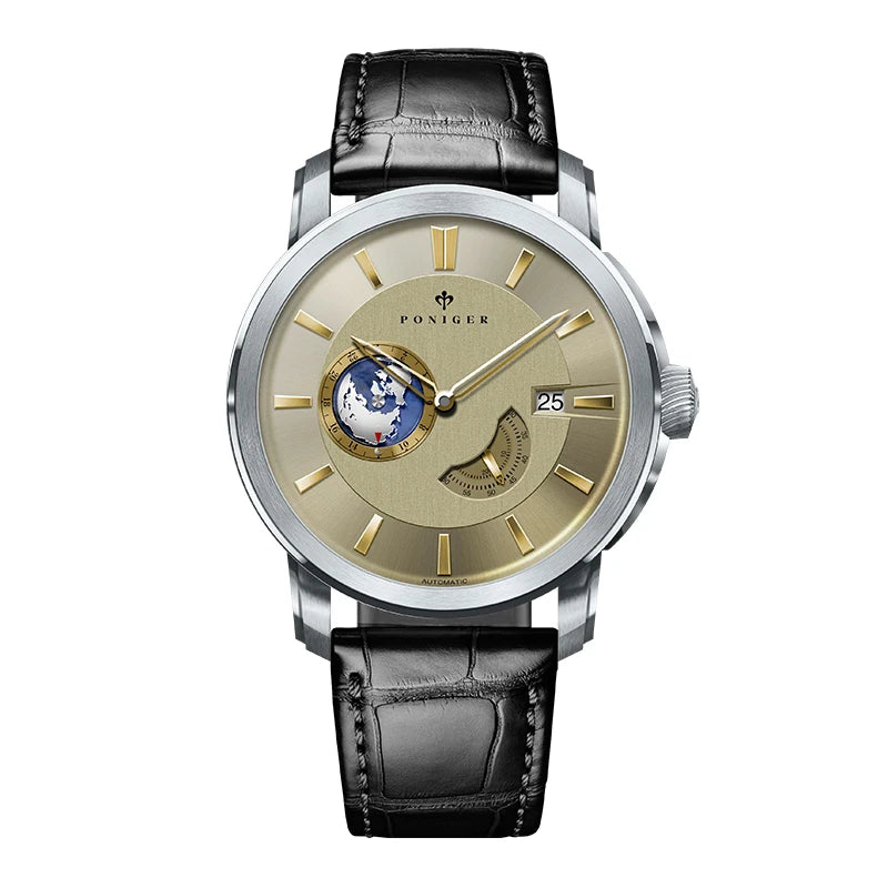 Top Brand New Japanese Automatic Men Watch Rotating Earth Calendar Multifunction Watch Stainless Steel Waterproof Clock PONIGER