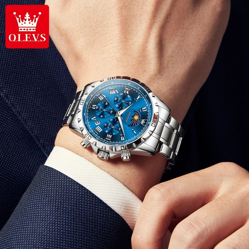 OLEVS 2950 Moon Phase Quartz Watch for Men Multi functional Roman Scale Original Hand Clock Chronograph Business Male Watches