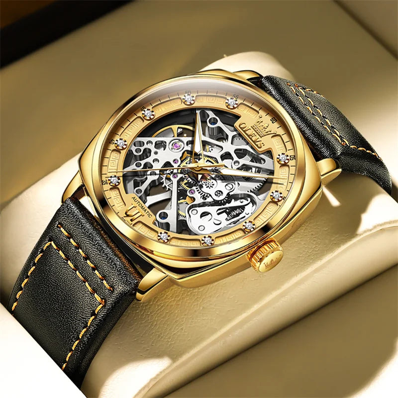 OLEVS Luxury Men Watches Automatic Mechanical Wristwatch Skeleton Design Waterproof Leather Strap Male Watch Reloj Hombre