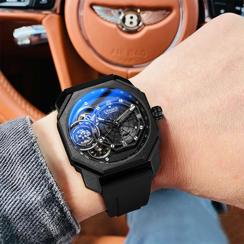 Skeleton Automatic Mechanical Watch Black Silicone Strap Men Clock Male Orologio Man Sliver Steampunk Hombre Relogio Masculino