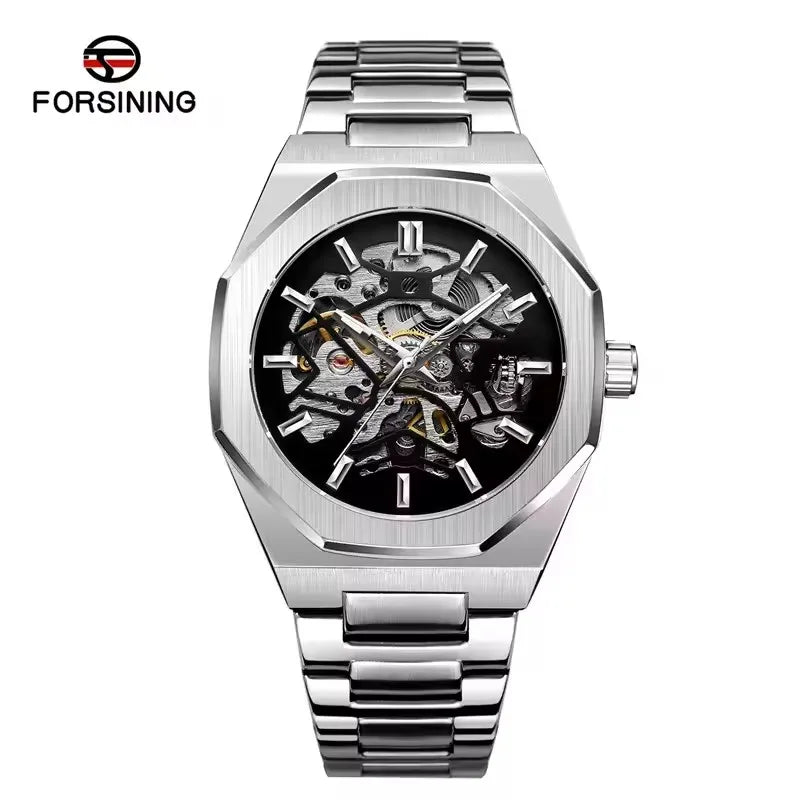 FORSINING 344D Men's Luxury Mechanical Watch - Fashion Skeleton Hollow Dial Steel Strap Business Luminous
