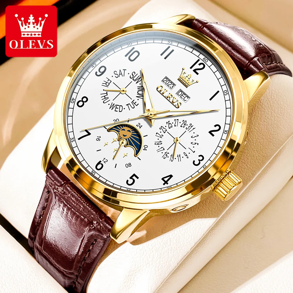 OLEVS 6698 Mens Watch Moon Phase Mechanical Watch for Men Number 42mm Big Dial Leather Hand Clock Waterproof Automatic Man Watch
