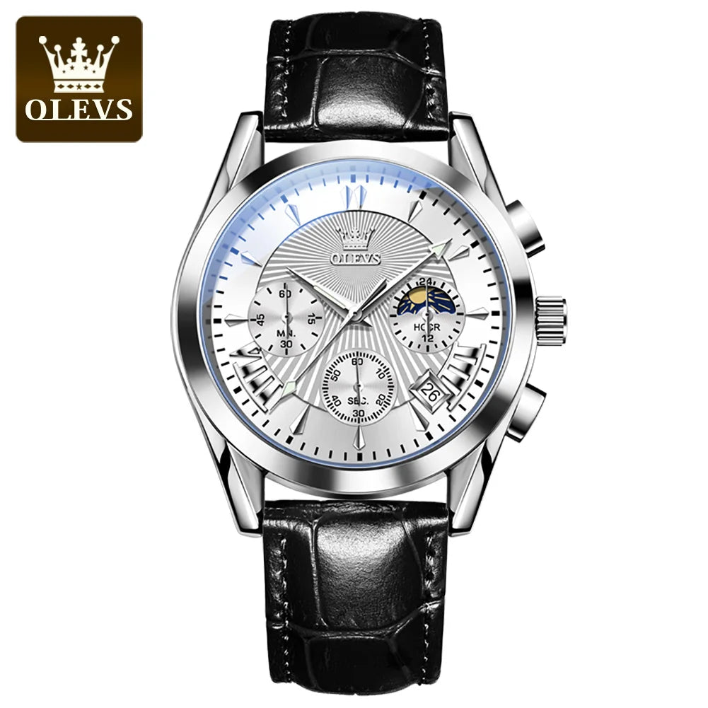 OLEVS 2876 Moon Phase Man Watch Original Genuine Leather Strap Quartz Watch for Men Auto Date Waterproof Luxury Men's Wristwatch