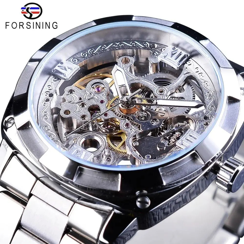 Forsining Men's Automatic Mechanical Watch - Luxury Golden Skeleton Dial with Luminous Hands