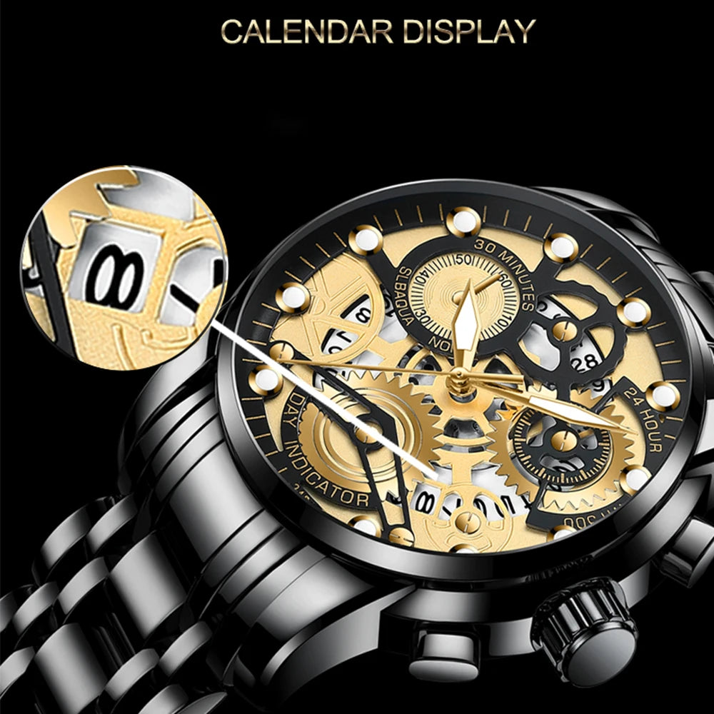 Sports Men's Watch Fashionable Stainless Steel Strap Fashionable Hollow Dial Golden Business Style Original Quartz Watch for Men