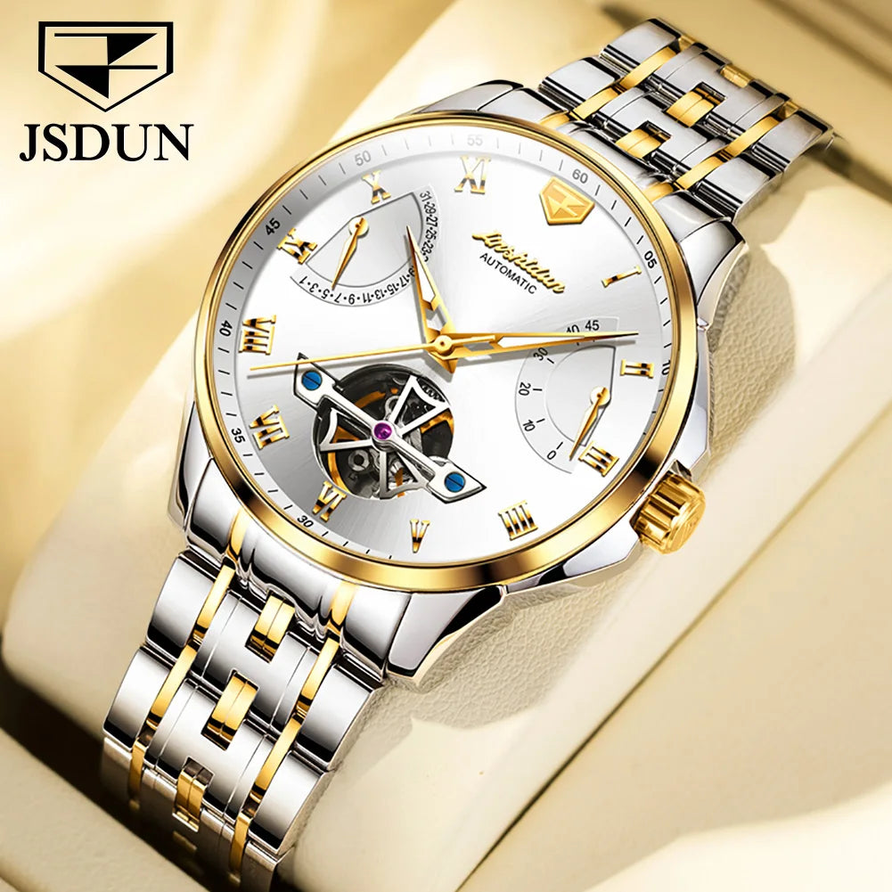 JSDUN Top Brand Fashion Skeleton Multifunction Watches for Men Stainless Steel Waterproof Luxury Automatic Mechanical Man Watch