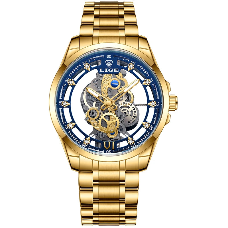2024 LIGE Men Watch Skeleton Automatic Quartz Watch Gold Skeleton Vintage Man Watch Mens Watches Top Brand Luxury часы мужские