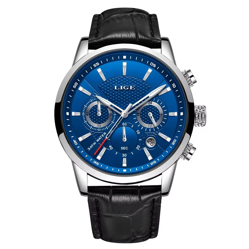 LIGE Mens Business Watches Luxury Waterproof Sport Man Watch Chronograph Genuine Leather Men Quartz Wristwatch Relogio Masculino