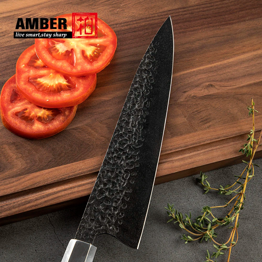 Amber Top Quality 440C high carbon steel black finish kitchen knife set with stablized wood
