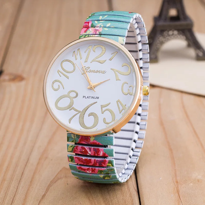 Women's Quartz Watch Luxury Ladies Elastic Bracelet Quartz Watch Simple Digital Big Dial Printed Silicone Strap Reloj Mujer
