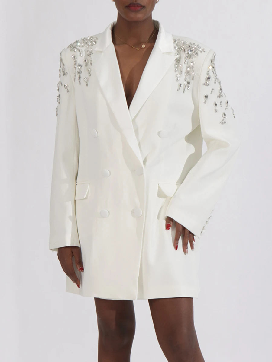 VGH Streetwear Spliceed Diamonds Slim Blazers for Women Notched Collar Long Sleeve Patchwork Button Temperament Coat Female New
