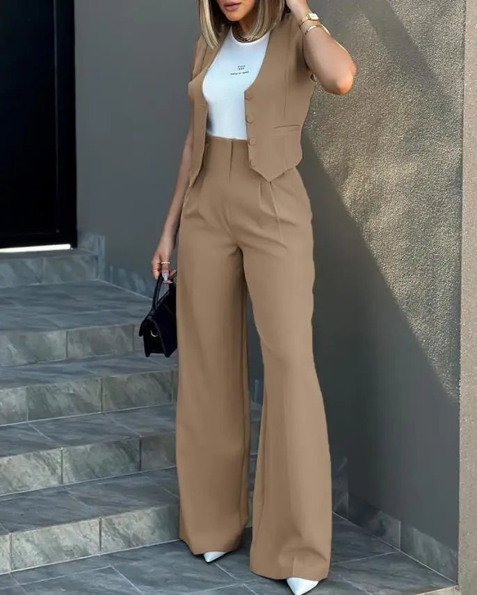 New 2025 Women's Summer Casual 2PCS Pants Sets Solid Vest +Pants Sets Elegant High Waist Wide Leg Outfits Women Matching Sets