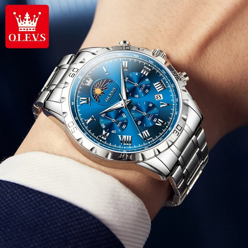 OLEVS 2950 Moon Phase Quartz Watch for Men Multi functional Roman Scale Original Hand Clock Chronograph Business Male Watches