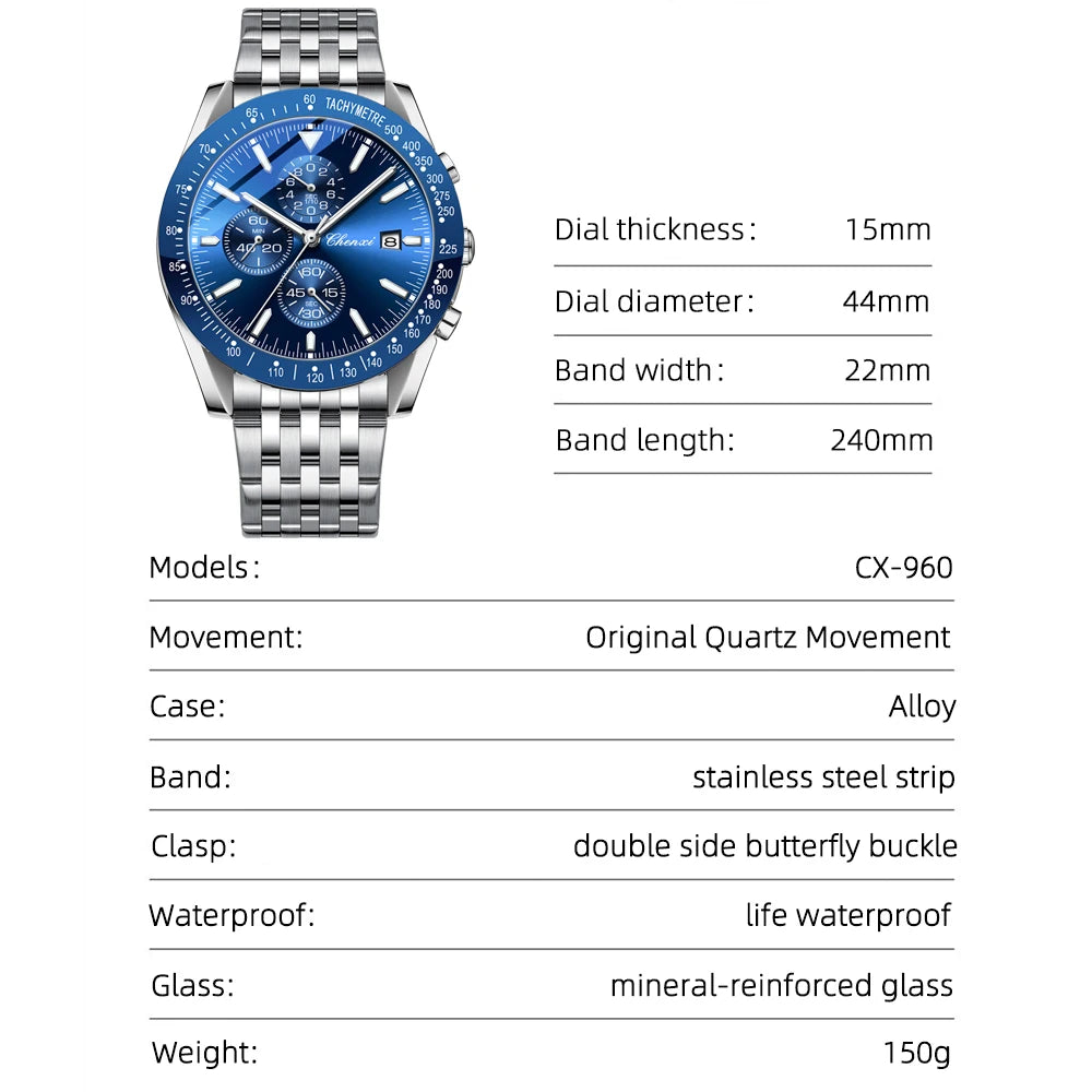 Luxury Sport Chronograph Watch - Waterproof Quartz Timepiece with Multi-Function Display