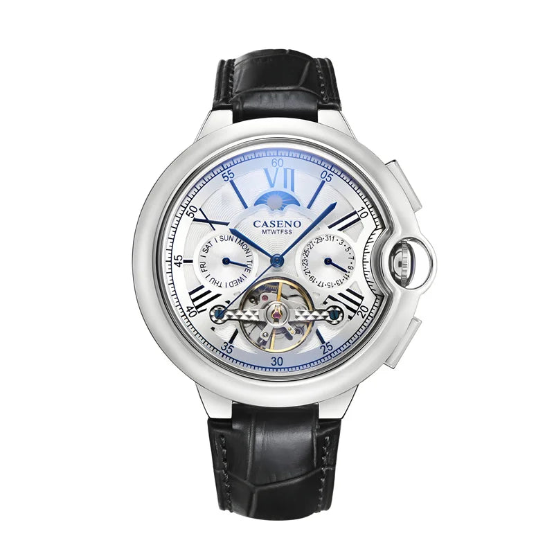 Men Watches Luxury Moon Phase Automatic Mechanical Watch Week Date Tourbillon Clock Leather Strap Waterproof Military Watch Men