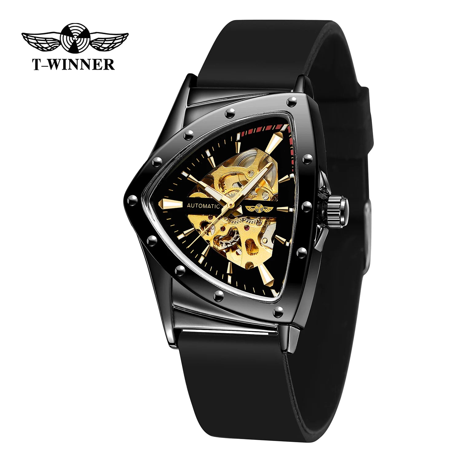 T-Winner High Range Men's Automatic Mechanica Watches Luminous Luxury Tourbillon Gold Wristwatch Rubber Strap Triangle Skeleton