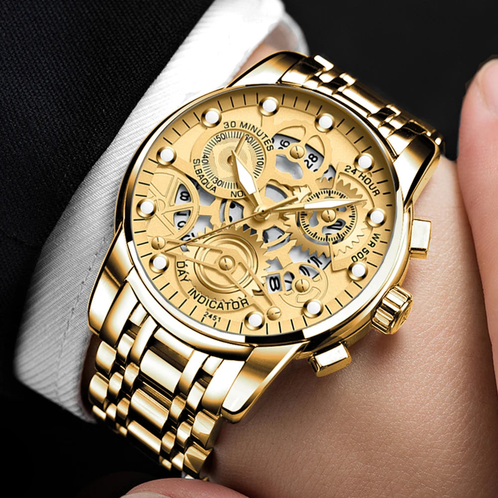 Sports Men's Watch Fashionable Stainless Steel Strap Fashionable Hollow Dial Golden Business Style Original Quartz Watch for Men