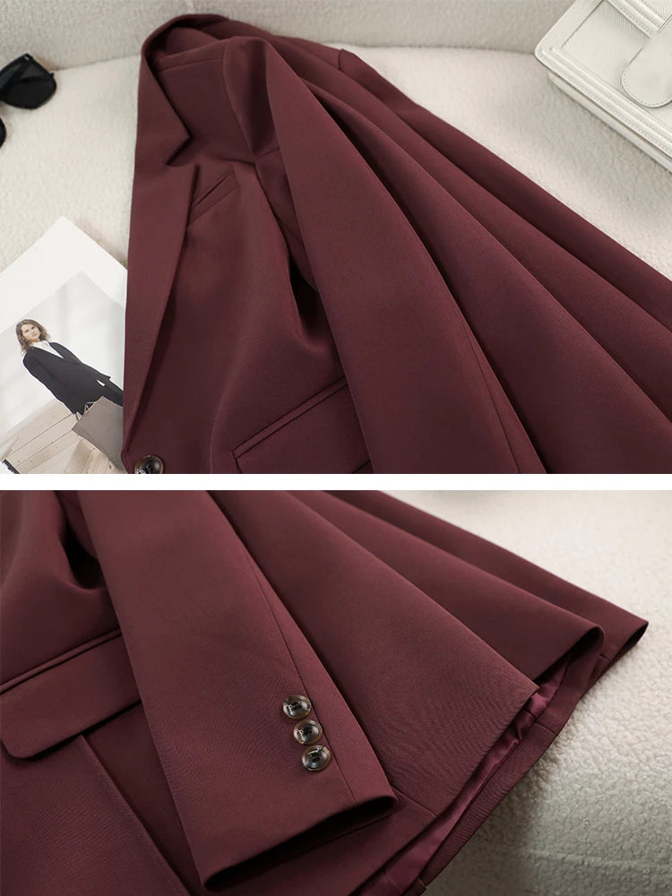 Autumn Winter Women Ladies Blazer Beige Black Red Female Long Sleeve Solid Loose Formal Jacket Coat