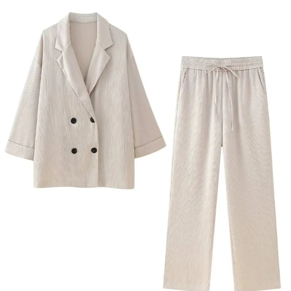 Women Autumn Wrinkle Double Breasted Blazer And Pants Suit Fashion Business Set