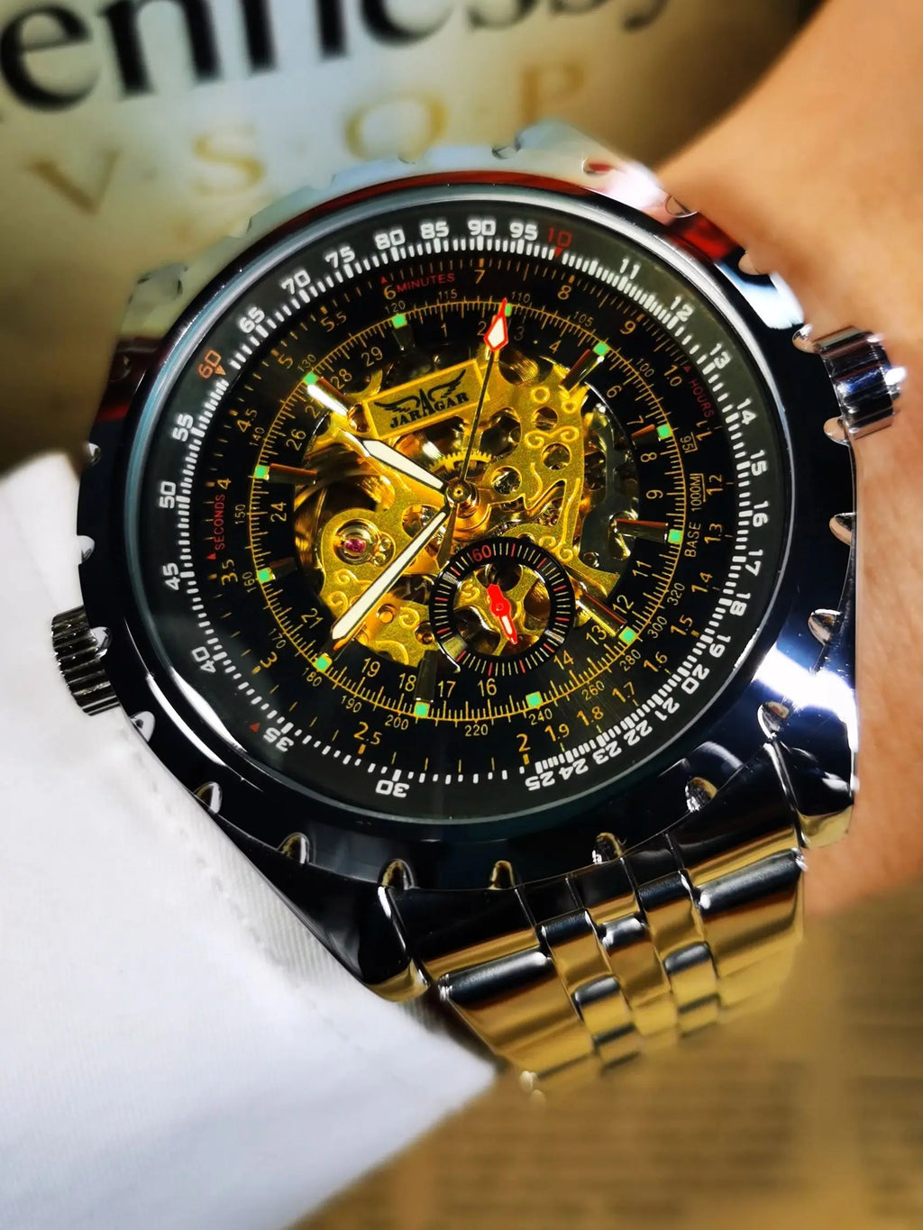 JARAGAR Military Steampunk Skeleton Automatic Mechanical Watch