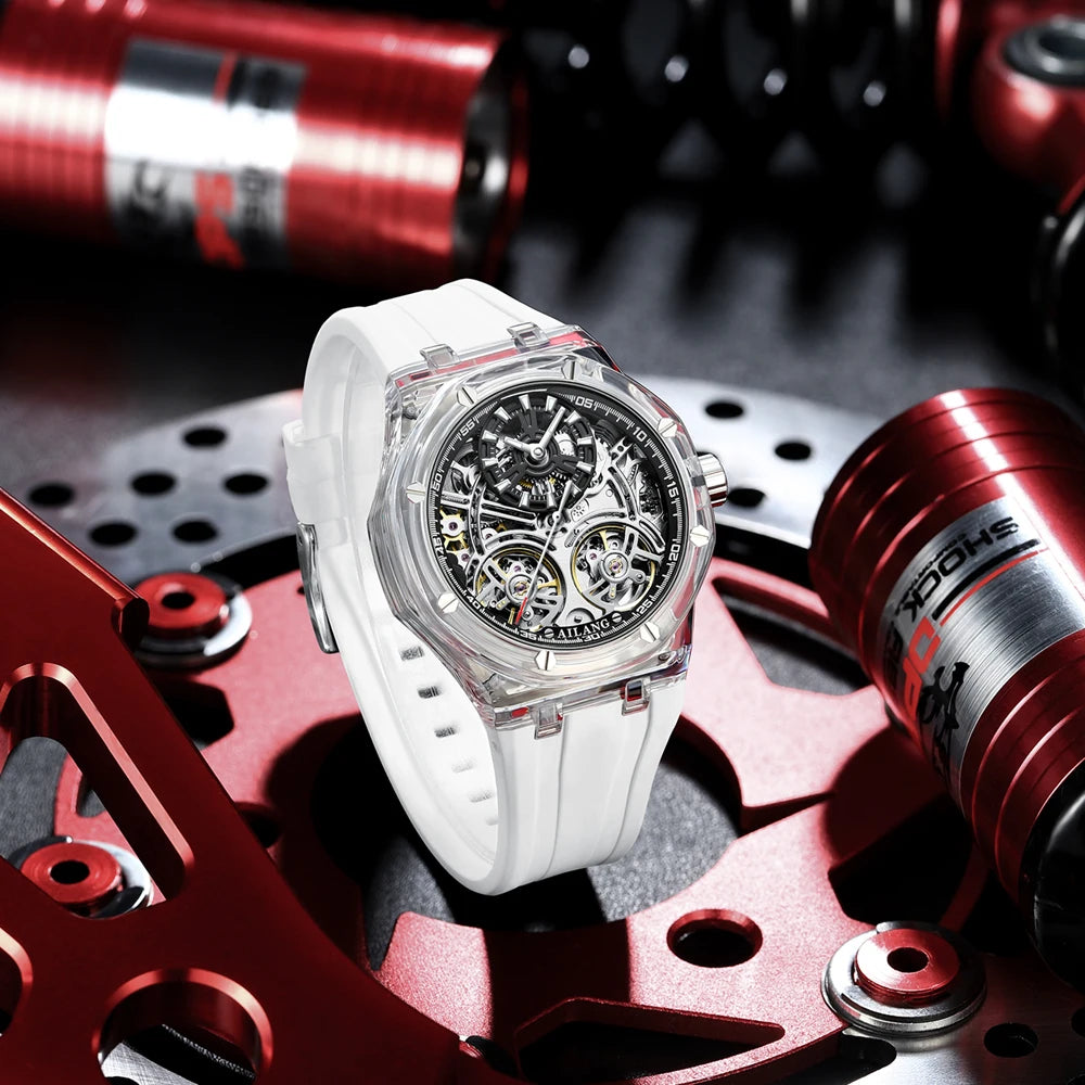 Double Tourbillon Men Watches Luxury Brand Automatic Mechanical Watch Rubber Sports Casual Sports Military Waterproof Clock