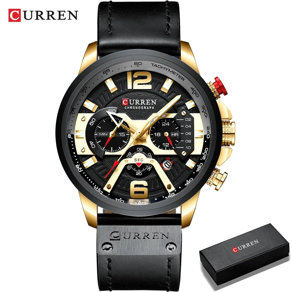 CURREN Men's Military Chronograph Watch - Luxury Leather Strap Sport Timepiece