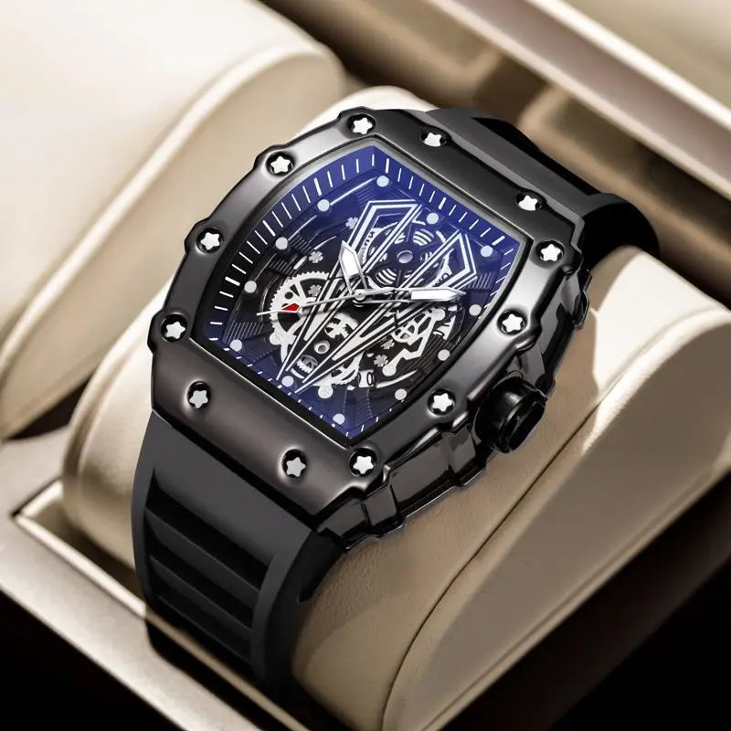 Skeleton Men's Watch Fashion Automatic Movement Barrel Luminous Waterproof Clock Sports Male's Silicone Strap Quartz Wristwatch