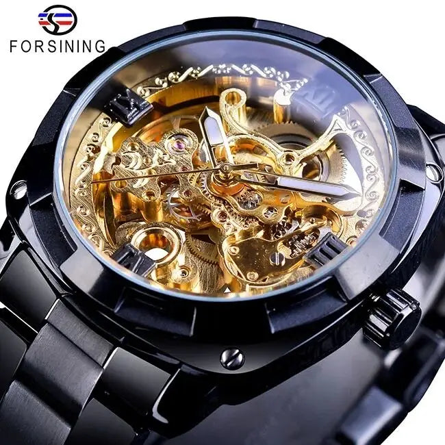 Forsining Men's Automatic Mechanical Watch - Luxury Golden Skeleton Dial with Luminous Hands