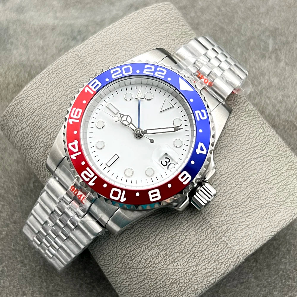 Automatic GMT Watch for Men – NH34 Movement, White Sterile Dial, Ceramic Bezel, Blue Hand, Dual Time Zone Stainless Steel