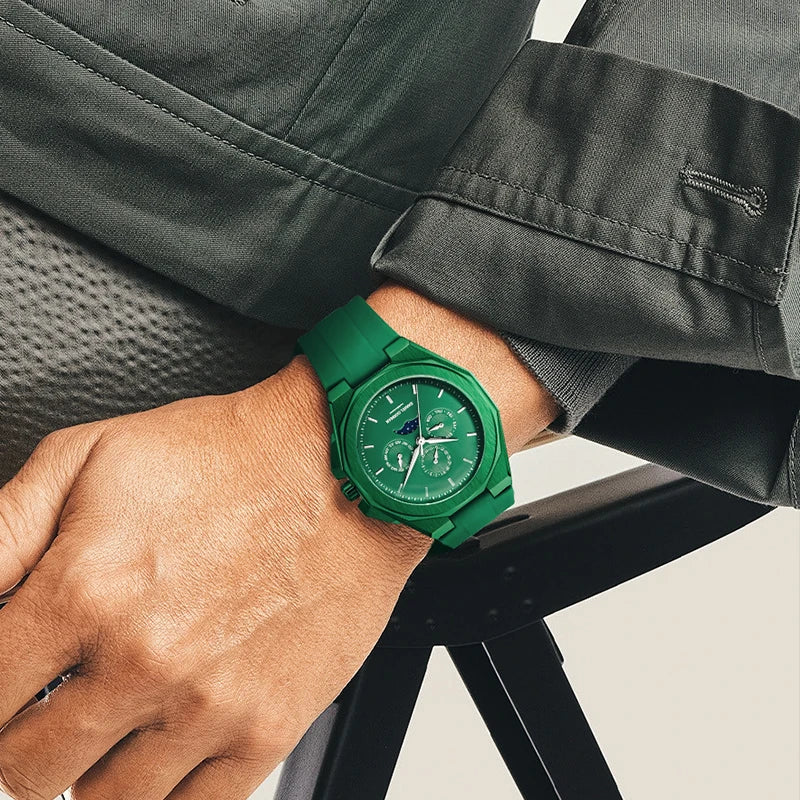 Sporty Men Wristwatch Chronograph Watch Function 3 Eyes Luminous hands Stainless Steel Case Soft Silicone Strap Reloj