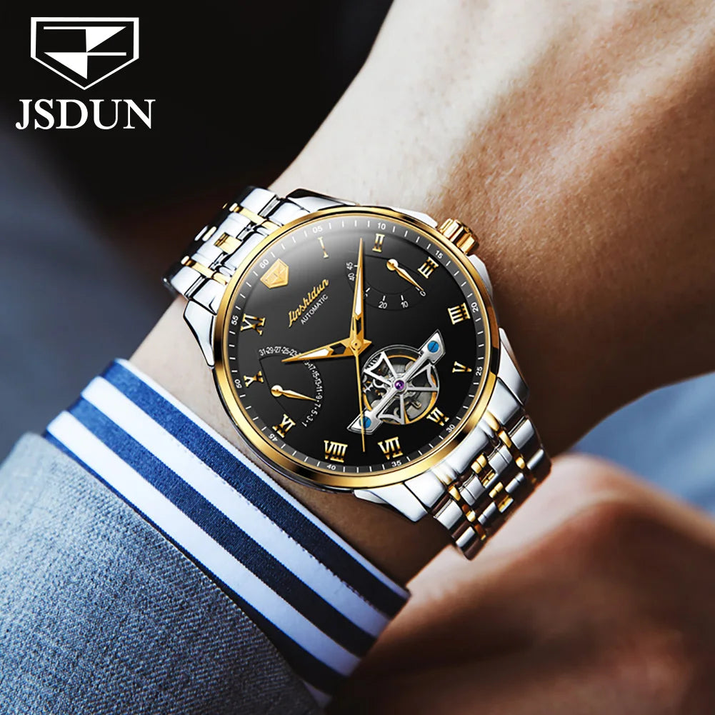 JSDUN Top Brand Fashion Skeleton Multifunction Watches for Men Stainless Steel Waterproof Luxury Automatic Mechanical Man Watch
