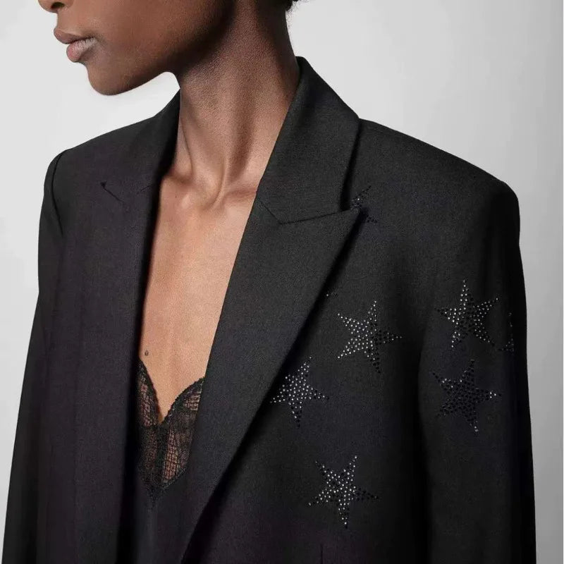 crystal-embellished blazer women peak lapels long sleeves two side flap pockets high fashion autumn winter blazers female