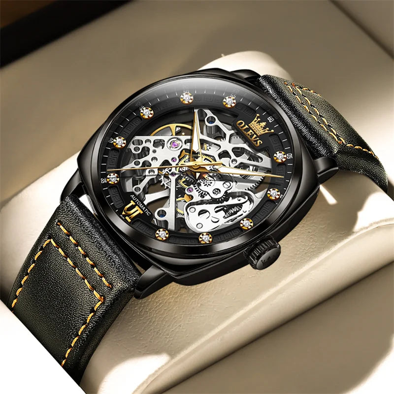OLEVS Luxury Men Watches Automatic Mechanical Wristwatch Skeleton Design Waterproof Leather Strap Male Watch Reloj Hombre