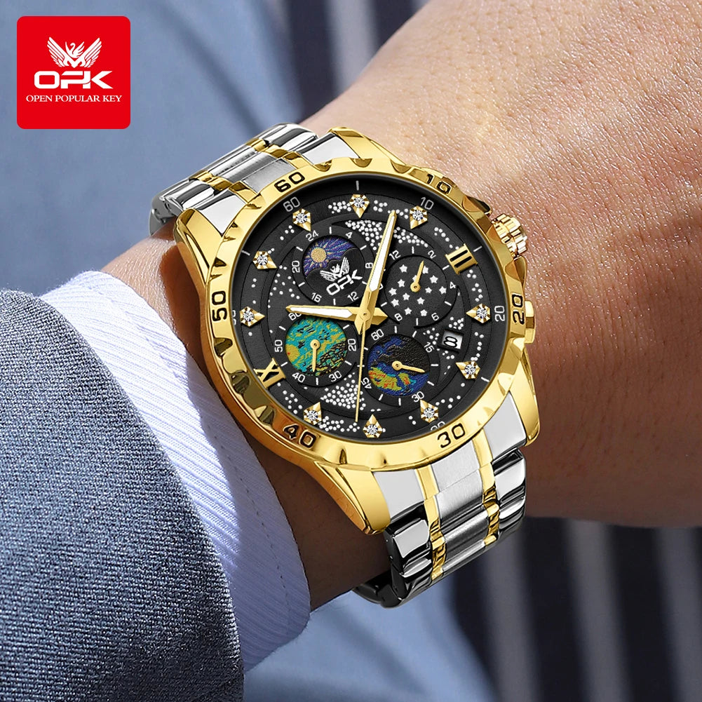 OPK Moon Phase Men's Watches Multi-function Timing code Luminous Waterproof Watch for Man