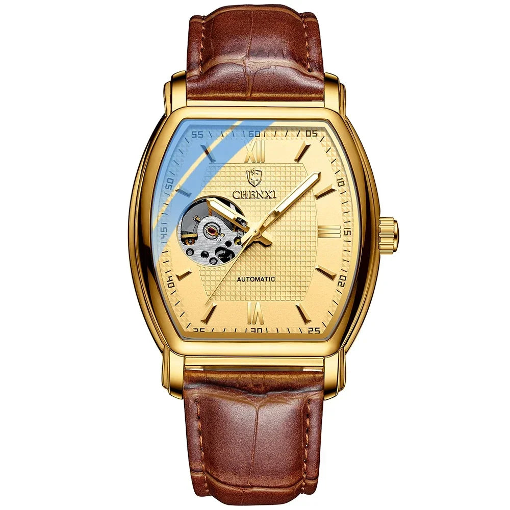 Tonneau Skeleton Automatic Watch - Barrel-Shaped Mechanical Timepiece for Men