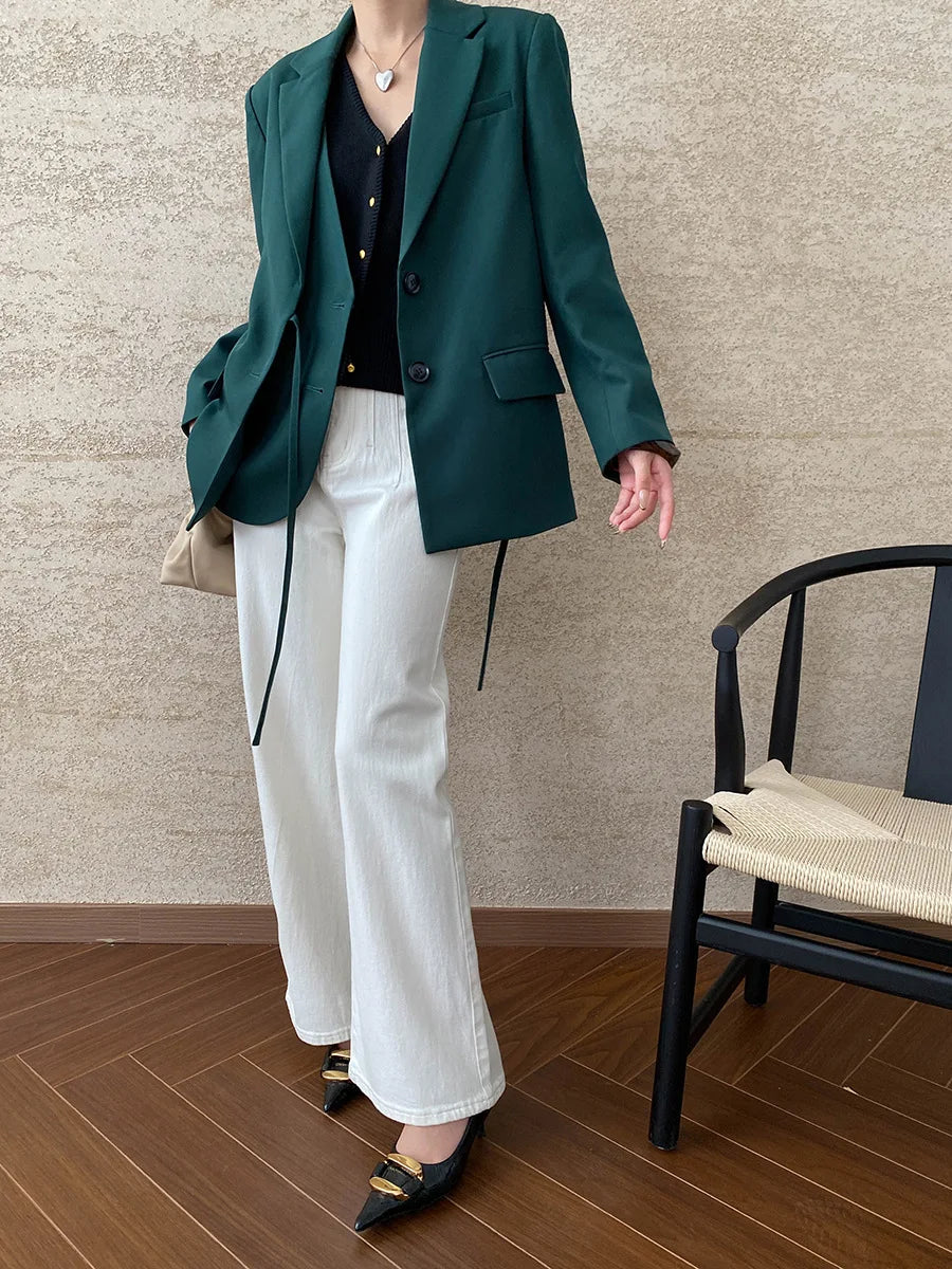 [LANMREM] Designer Asymmetric Spliced Design Lace-up Gathered Waist Blazers For Women Notched Fit Jackets 2025 Winter New 26C565