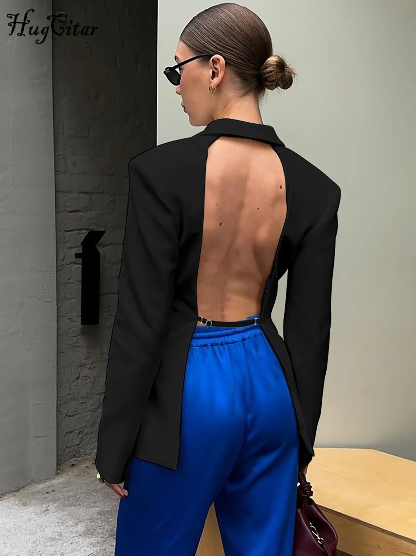 Hugcitar Solid Notched Collar Long Sleeve Button Backless Slip Sexy Oversize Suit Blazer Coat Female Fashion Top Party Vacation