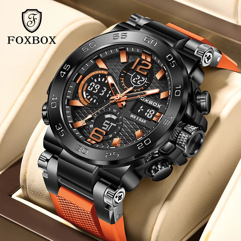 FOXBOX Fashion Mens Watch Dual Display Military Sports Man Watch Digital LED Luminous Calendar Waterproof Quartz Watches For Men