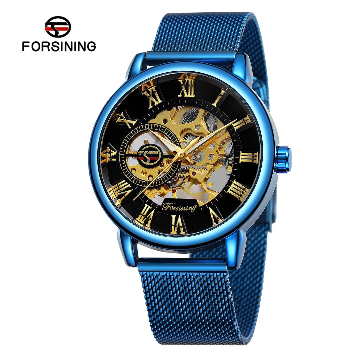 Classic Skeleton Mechanical Watch - Engraved Case with Mesh Strap & Roman Numerals