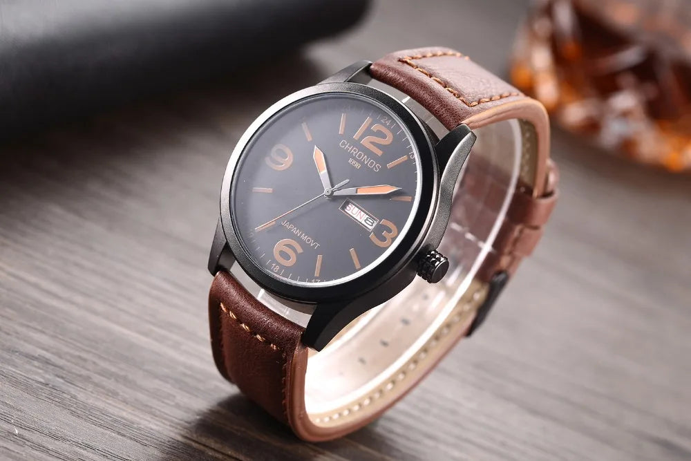 Men's Fashion Causal Calendar Wristwatch Top Brand Waterproof Classic Brown Black Leather Watch Numeral Clock Relogio Masculino